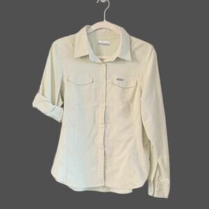 Columbia Omni Shade Hiking Shirt M Green Vented Back Roll Tab Sleeve Travel